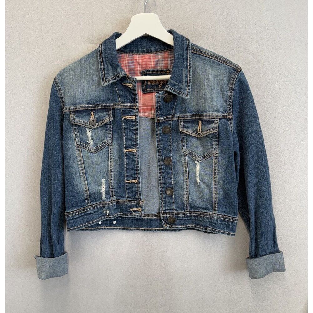 Amethyst Jean Jacket Women's Juniors Sz M Denim Collared Distressed Cropped